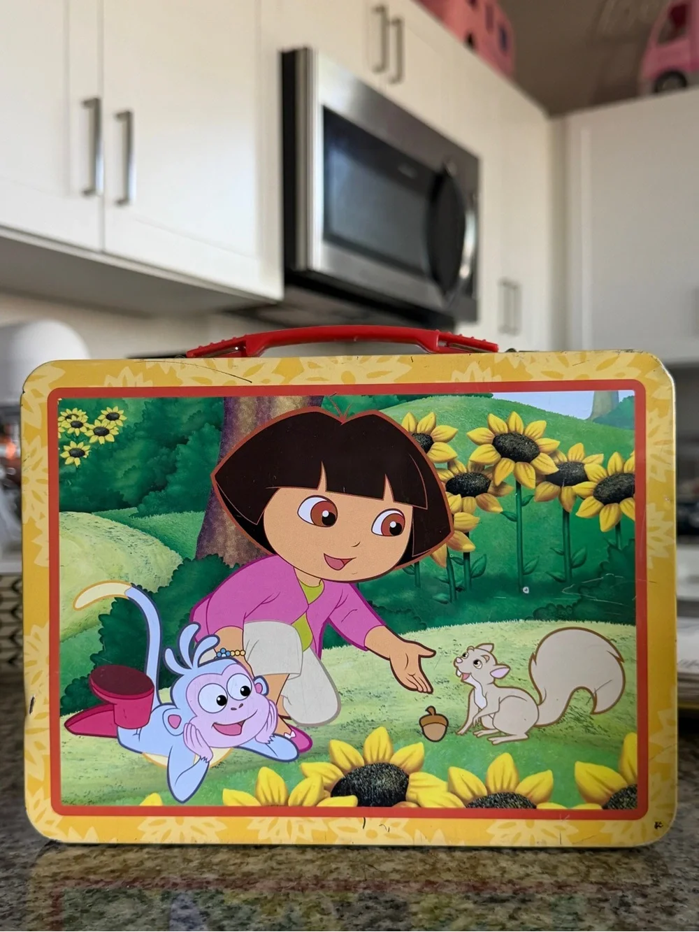 Vintage Dora the Explorer Yellow Kids Tin Lunchbox with Red Handle